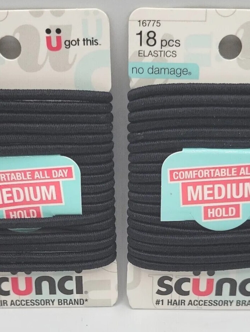 2 Packs SCUNCI Hair Elastics - Medium Hold-No Damage-BLACK = 36 Total Elastics
